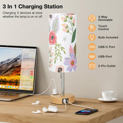 Floral Bedside Table Lamp with USB Charging Ports | 3-Level Touch Dimming Lamp with USB-C, USB-A & AC Outlet Charging Station