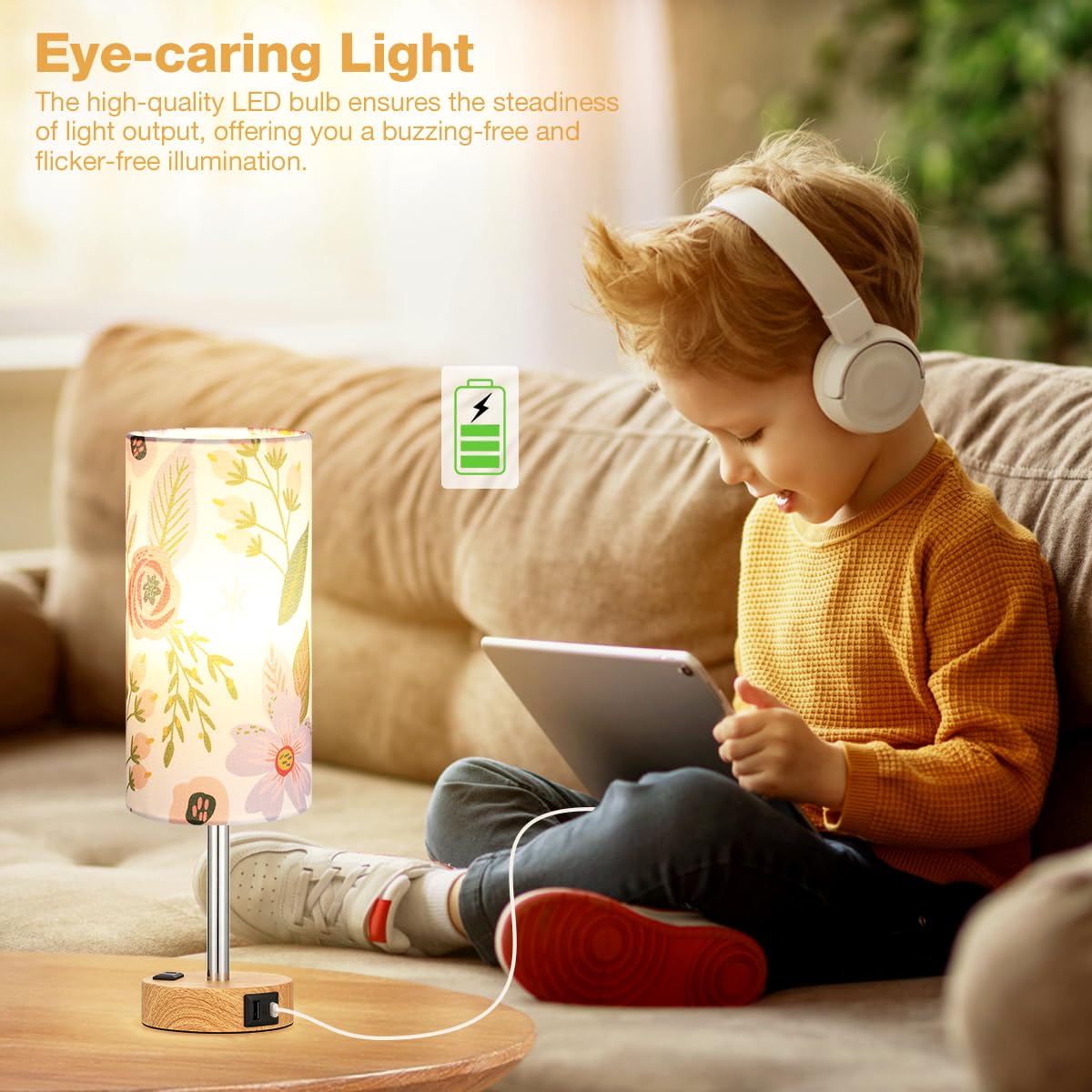 Floral Bedside Table Lamp with USB Charging Ports | 3-Level Touch Dimming Lamp with USB-C, USB-A & AC Outlet Charging Station