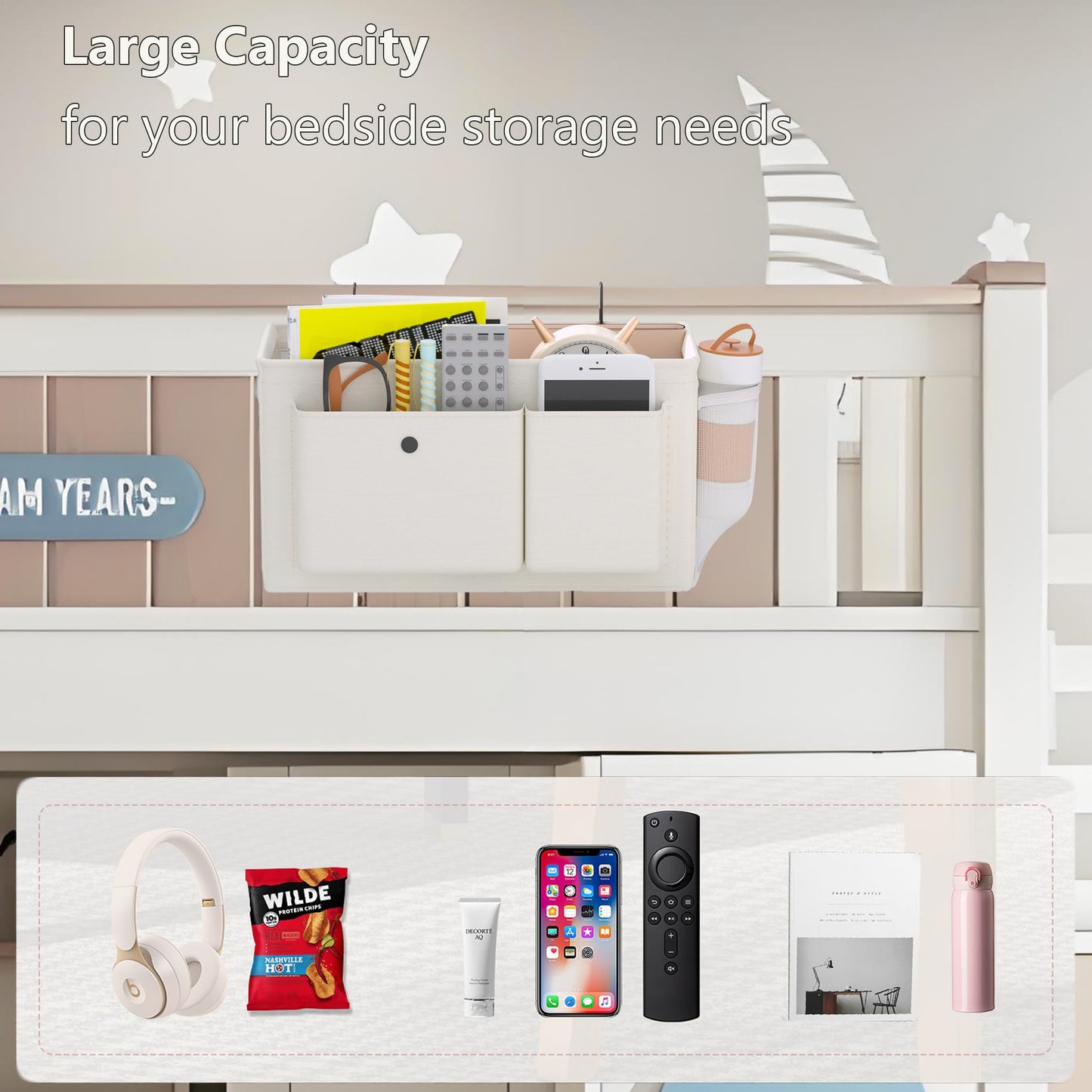 Large-Capacity Bedside Hanging Storage Basket | Bunk Bed Organizer, Crib Side Storage Caddy, Multi-Compartment No-Drill Bedside Organizer