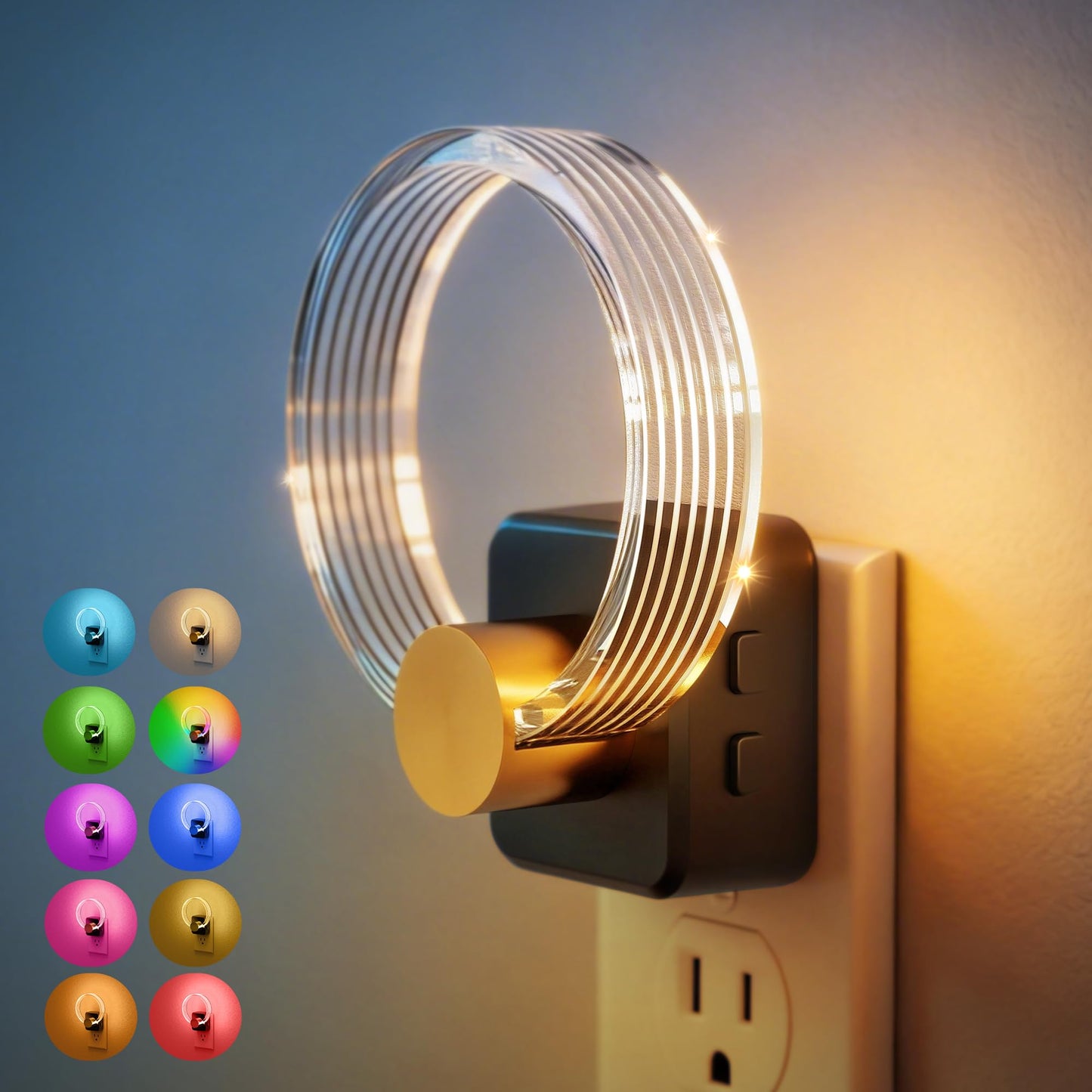 180° Rotating RGB Plug-In Sensor Night Light | 10-Color Dimmable Night Light for Bedroom, Hallway, and Stairs with Auto On/Off