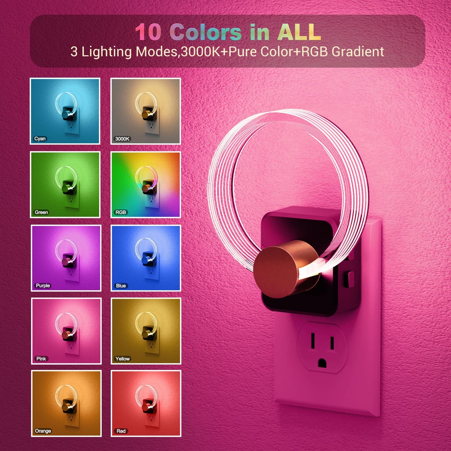 180° Rotating RGB Plug-In Sensor Night Light | 10-Color Dimmable Night Light for Bedroom, Hallway, and Stairs with Auto On/Off