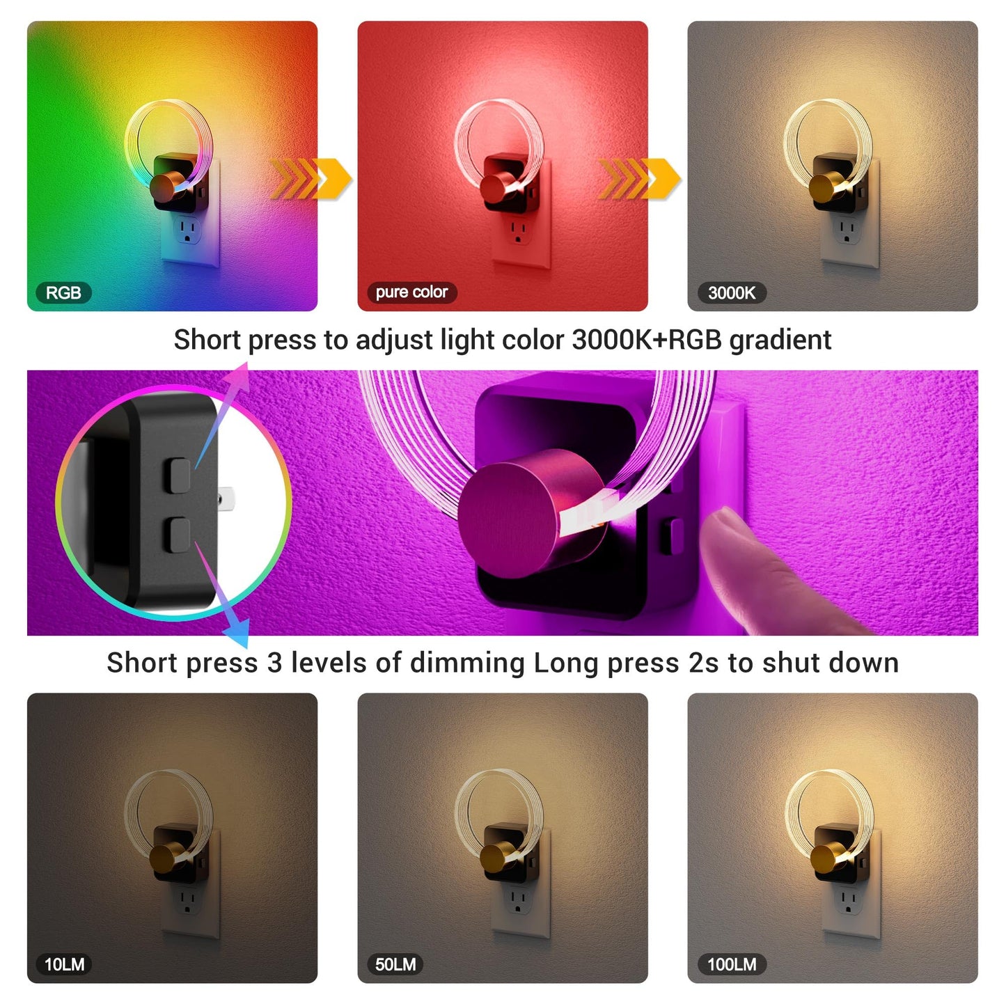 180° Rotating RGB Plug-In Sensor Night Light | 10-Color Dimmable Night Light for Bedroom, Hallway, and Stairs with Auto On/Off