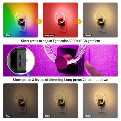 180° Rotating RGB Plug-In Sensor Night Light | 10-Color Dimmable Night Light for Bedroom, Hallway, and Stairs with Auto On/Off