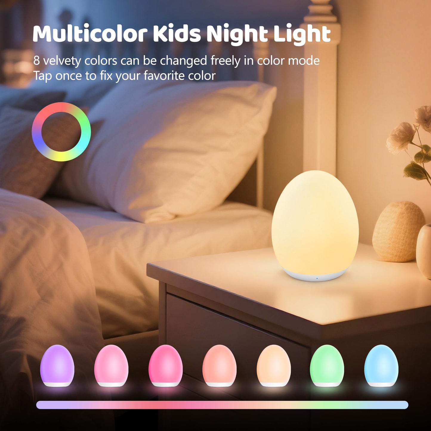 Baby Egg-Shaped Touch Night Light | 8-Color Kids’ Bedside Lamp, 2000mAh Rechargeable Night Light with 1-Hour Timer & Brightness Memory