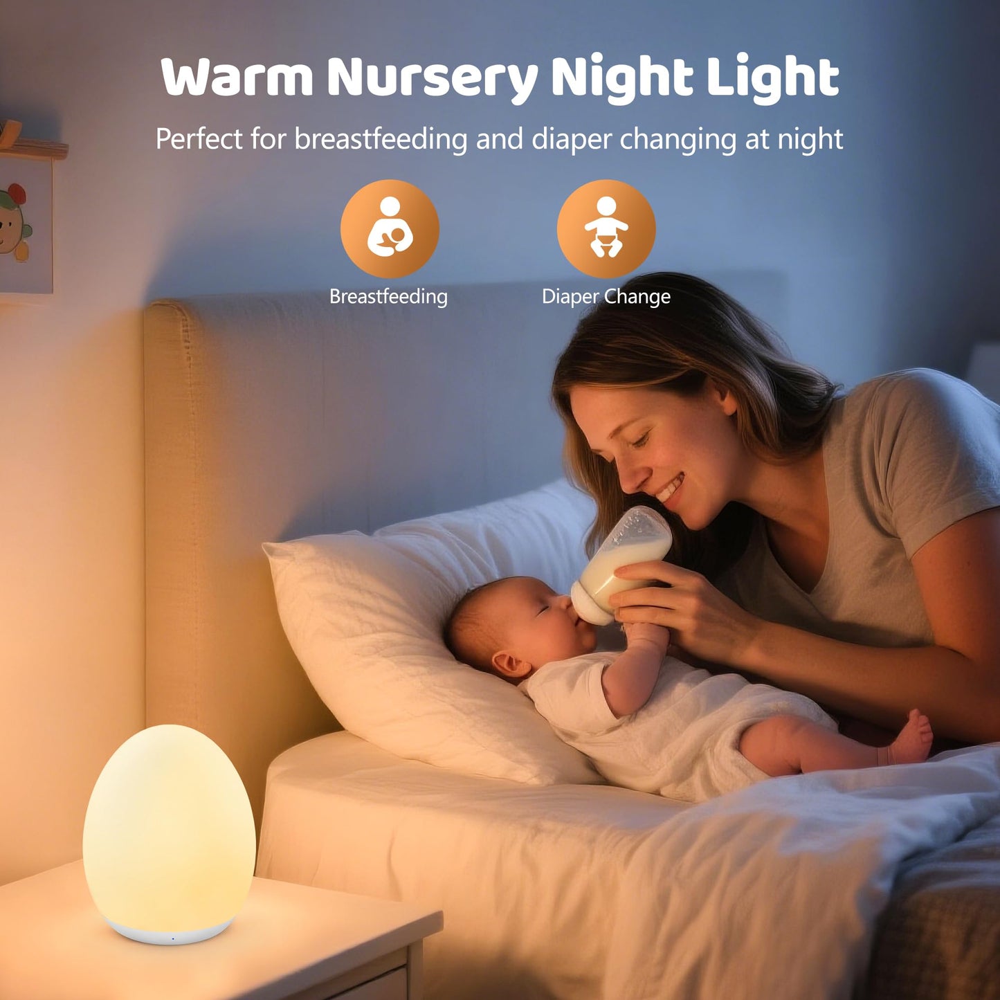 Baby Egg-Shaped Touch Night Light | 8-Color Kids’ Bedside Lamp, 2000mAh Rechargeable Night Light with 1-Hour Timer & Brightness Memory