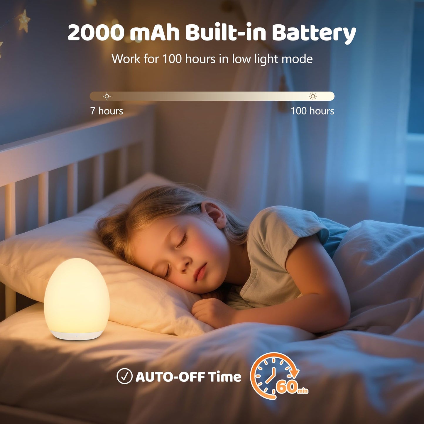 Baby Egg-Shaped Touch Night Light | 8-Color Kids’ Bedside Lamp, 2000mAh Rechargeable Night Light with 1-Hour Timer & Brightness Memory