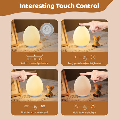 Baby Egg-Shaped Touch Night Light | 8-Color Kids’ Bedside Lamp, 2000mAh Rechargeable Night Light with 1-Hour Timer & Brightness Memory