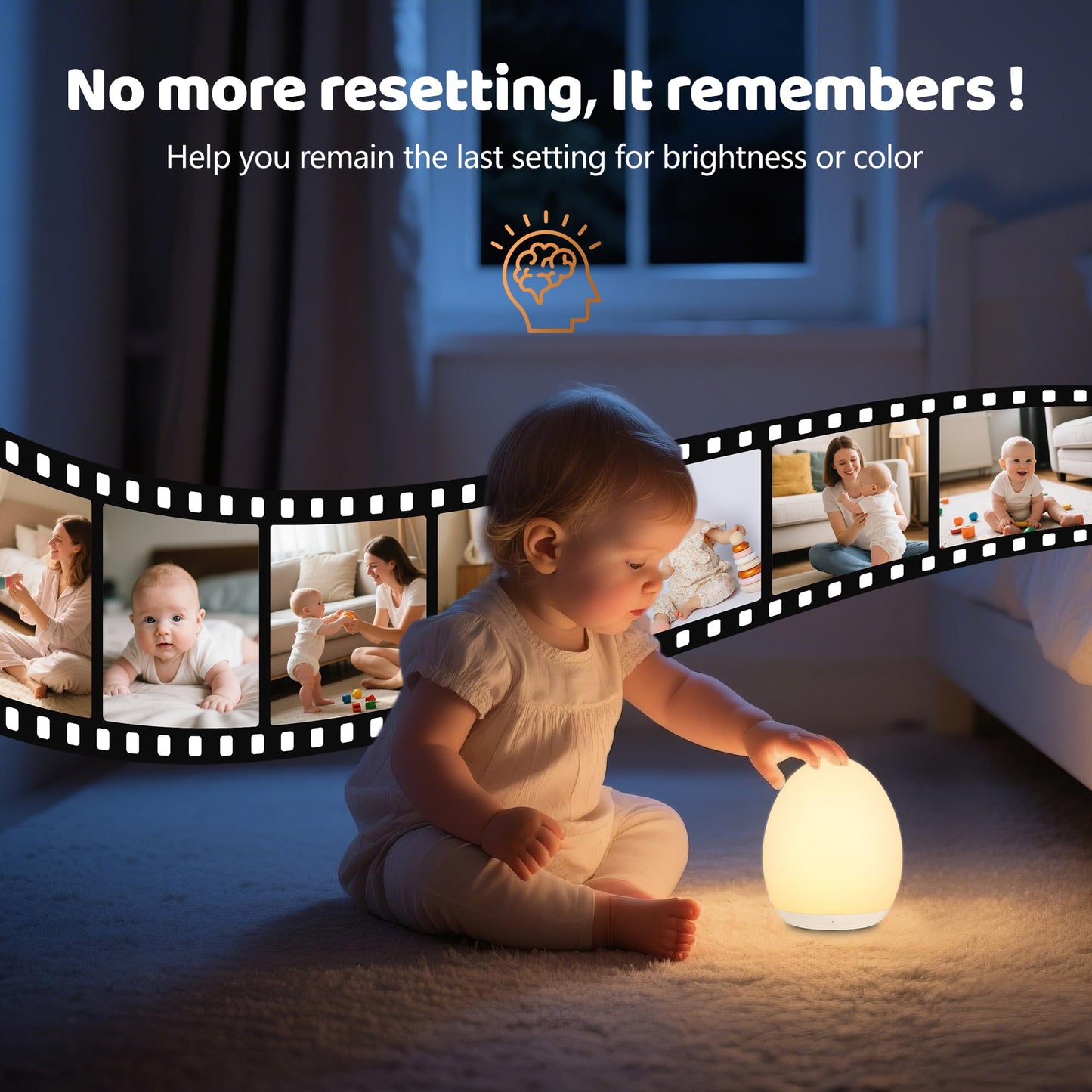 Baby Egg-Shaped Touch Night Light | 8-Color Kids’ Bedside Lamp, 2000mAh Rechargeable Night Light with 1-Hour Timer & Brightness Memory