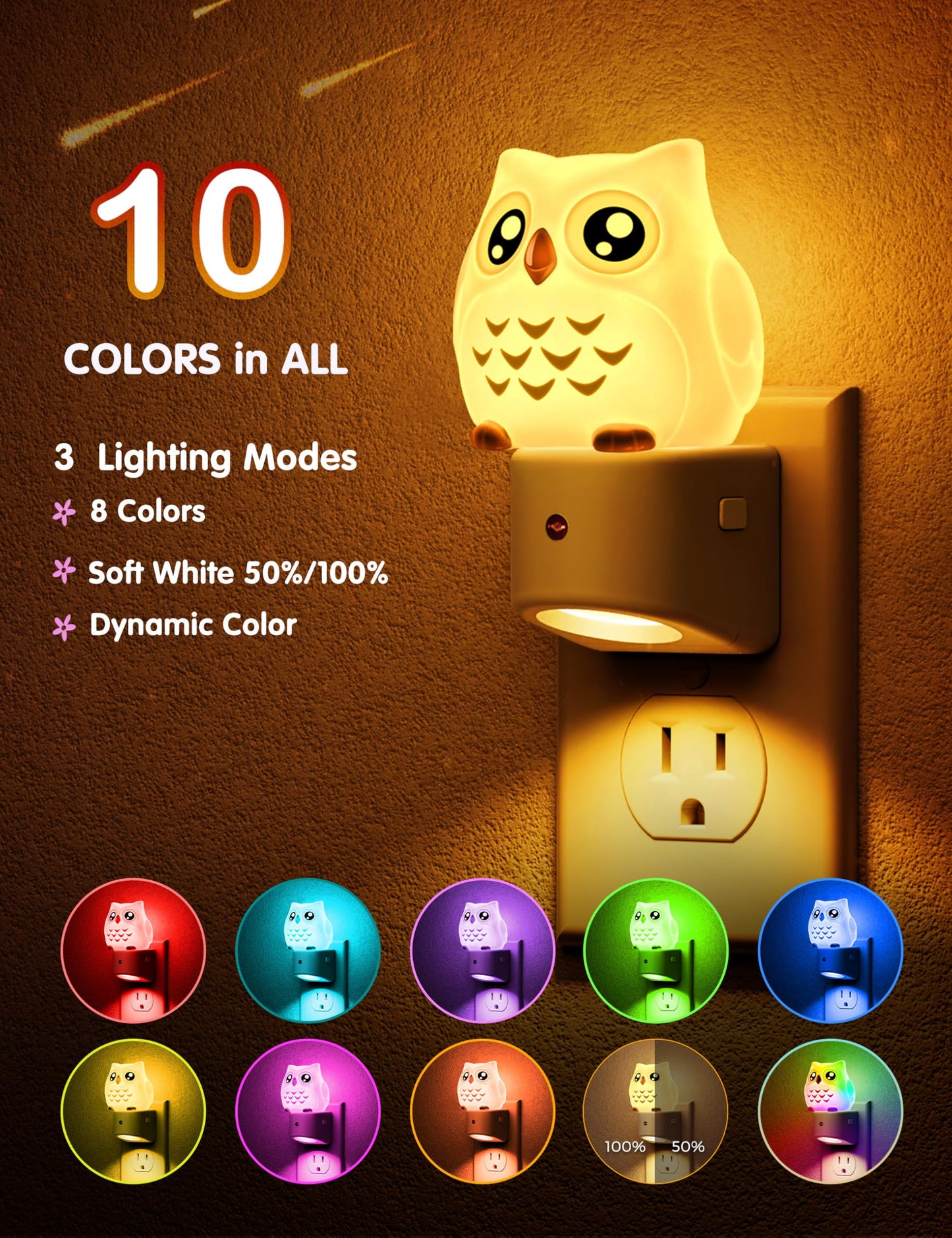 Owl Plug-In Sensor Night Light | 10-Color Kids’ Bedroom Night Light with Auto On/Off for Bedroom, Hallway, and Stairs