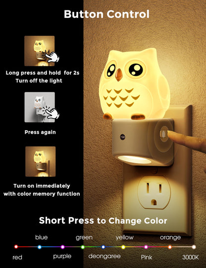 Owl Plug-In Sensor Night Light | 10-Color Kids’ Bedroom Night Light with Auto On/Off for Bedroom, Hallway, and Stairs