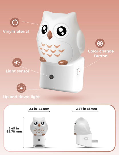 Owl Plug-In Sensor Night Light | 10-Color Kids’ Bedroom Night Light with Auto On/Off for Bedroom, Hallway, and Stairs
