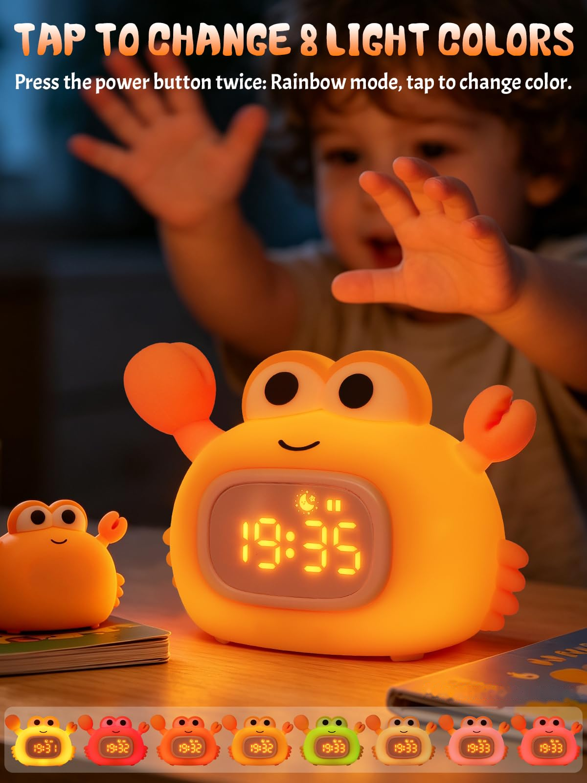 Kids Crab Alarm Clock Night Light | Dual Alarms, 6 Ringtones, 8-Color Light, 5-Level Volume, USB Rechargeable Bedside Clock