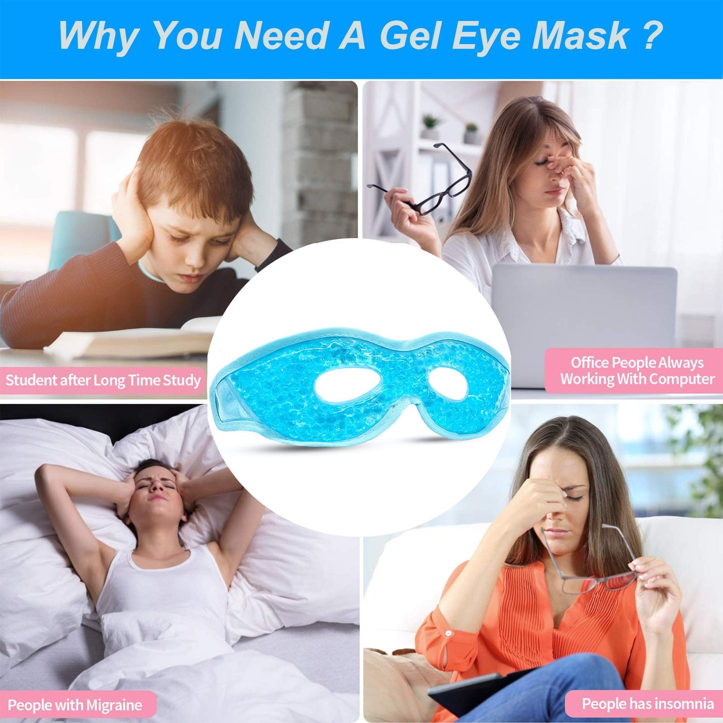 Cooling Gel Eye Mask | Refrigerated Cold Compress Mask for Eye Fatigue, Puffiness & Relaxation, Adjustable Reversible Eye Mask