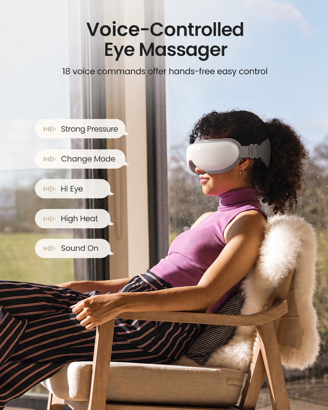 Voice-Controlled Eye Massager | 5 Massage Modes, Heat Therapy & 15-Minute Timer for Eye Fatigue, Naps & Travel
