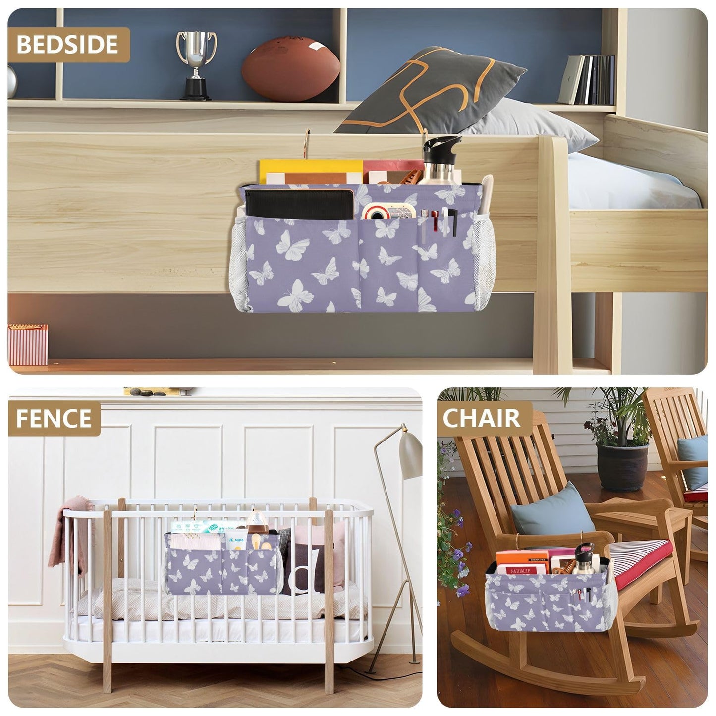Butterfly Print Bedside Hanging Storage Basket | Bunk Bed Caddy, Multi-Pocket Bedside Organizer for Cribs and Chair Backs