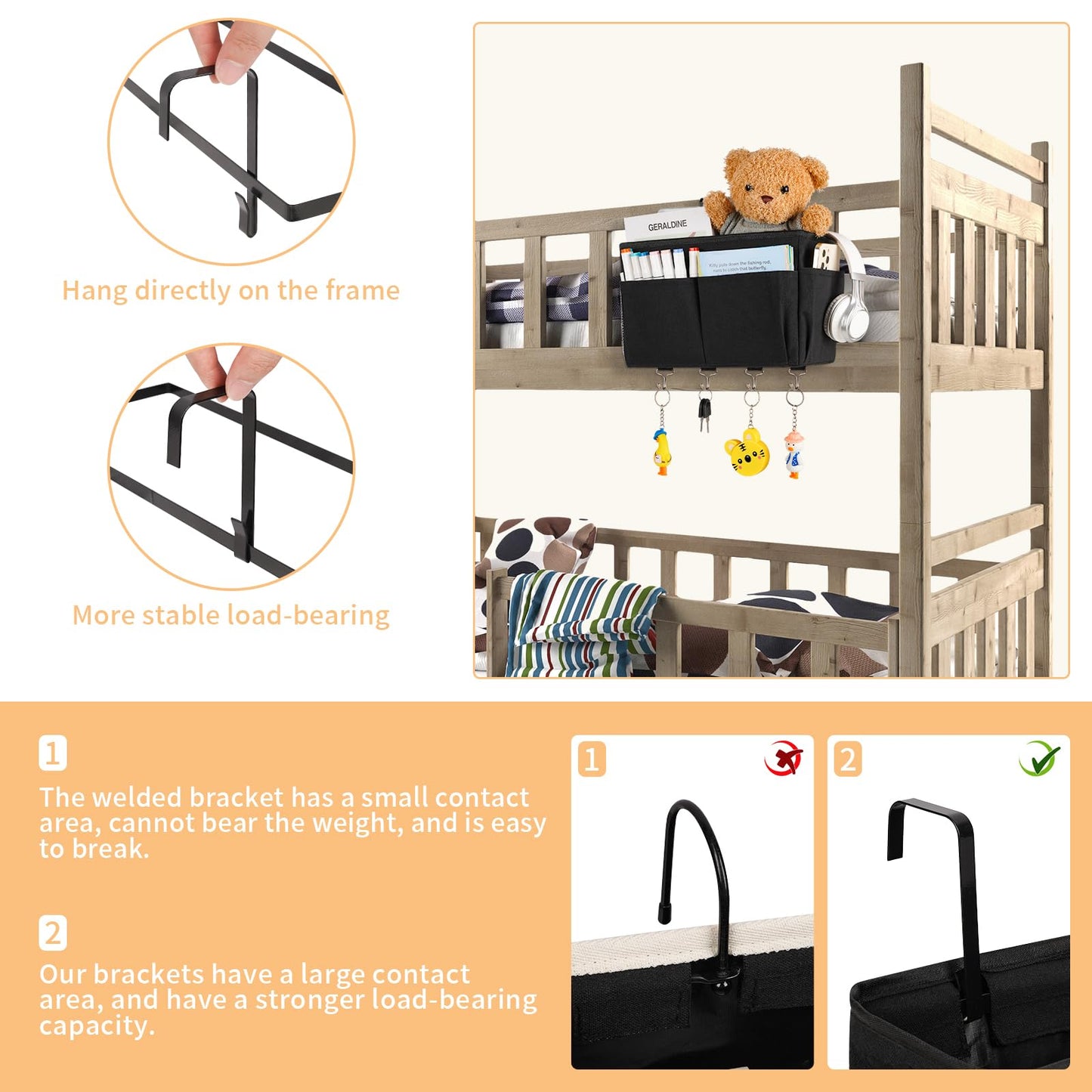 Reinforced Bedside Hanging Storage Basket | Bunk Bed Caddy with Metal Hooks, Large-Capacity Multi-Pocket Bedside Organizer