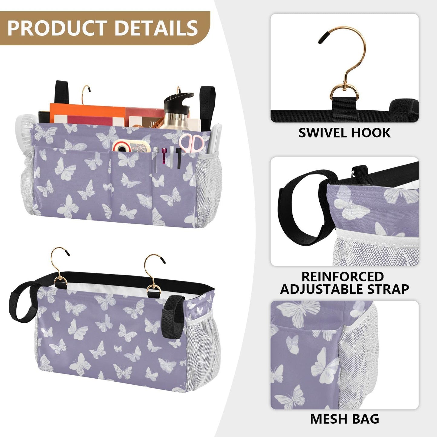 Butterfly Print Bedside Hanging Storage Basket | Bunk Bed Caddy, Multi-Pocket Bedside Organizer for Cribs and Chair Backs