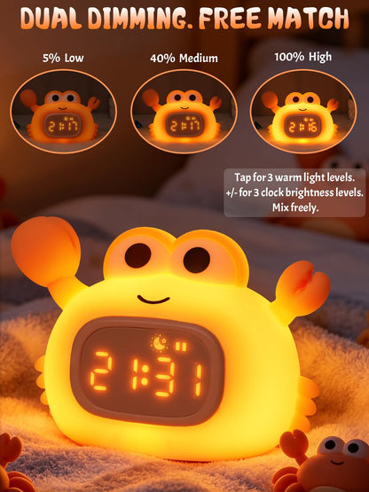 Kids Crab Alarm Clock Night Light | Dual Alarms, 6 Ringtones, 8-Color Light, 5-Level Volume, USB Rechargeable Bedside Clock