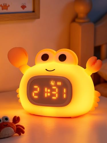 Kids Crab Alarm Clock Night Light | Dual Alarms, 6 Ringtones, 8-Color Light, 5-Level Volume, USB Rechargeable Bedside Clock